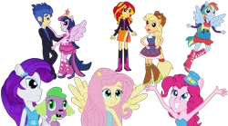 Size: 1744x972 | Tagged: safe, artist:milliezone, banned from derpibooru, deleted from derpibooru, derpibooru import, applejack, flash sentry, fluttershy, pinkie pie, rainbow dash, rarity, spike, sunset shimmer, twilight sparkle, twilight sparkle (alicorn), alicorn, human, equestria girls, humanized, mane six