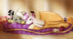 Size: 1522x822 | Tagged: safe, artist:ashleynicholsart, banned from derpibooru, deleted from derpibooru, derpibooru import, discord, princess celestia, :o, bed, blanket, cuddling, dislestia, eyes closed, fangs, female, male, open mouth, shipping, side, sleeping, smiling, snuggling, straight