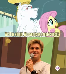 Size: 640x717 | Tagged: safe, banned from derpibooru, deleted from derpibooru, derpibooru import, bulk biceps, fluttershy, rainbow falls, anime, blonde, blonde hair, curtain, exploitable meme, meme, microphone, open mouth, replacement meme, snow, snowflake, vic mignogna