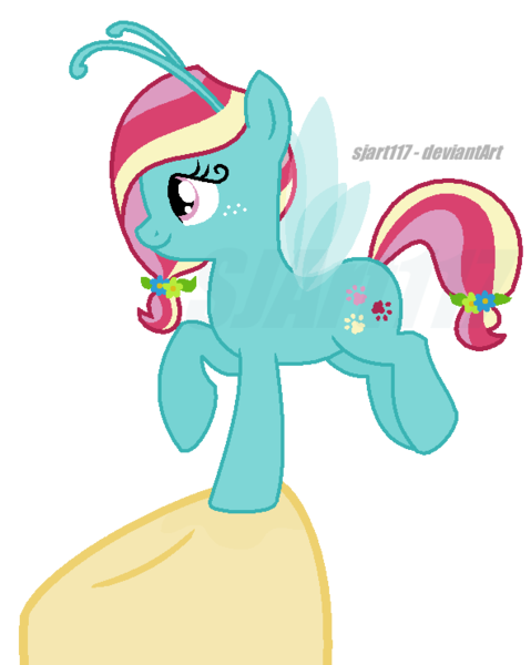 Size: 592x742 | Tagged: safe, artist:sjart117, banned from derpibooru, deleted from derpibooru, derpibooru import, oc, oc:breeziesweet, breezie, antennae, cute, flower, hilarious in hindsight, hooves, interpretation, ms paint, pawprints