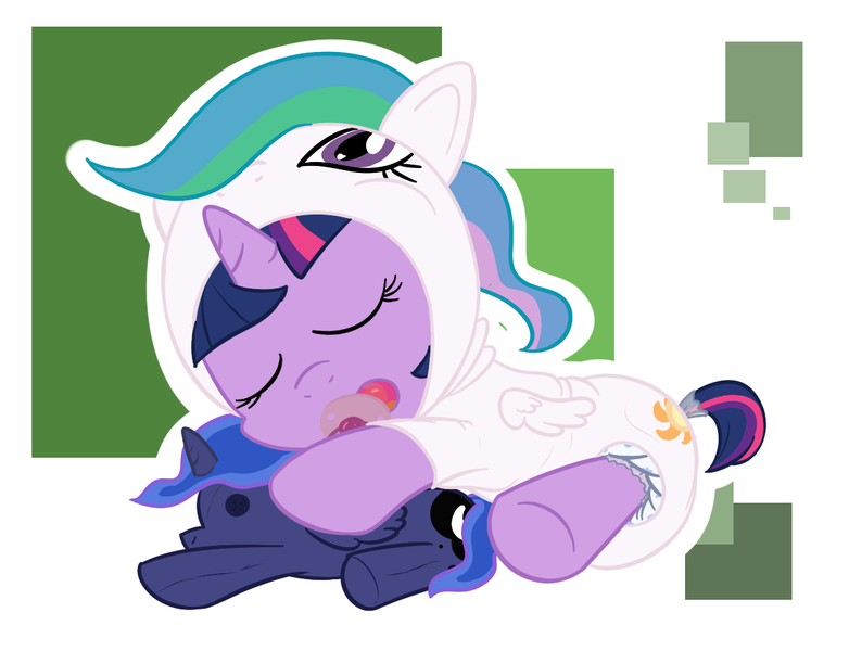 Size: 1176x902 | Tagged: safe, artist:vitriolink, banned from derpibooru, deleted from derpibooru, derpibooru import, princess celestia, princess luna, twilight sparkle, pony, baby, baby pony, clothes, costume, cute, daaaaaaaaaaaw, diaper, female, filly, foal, hnnng, kigurumi, onesie, pacifier, plushie, poofy diaper, sleeping, solo, twiabetes