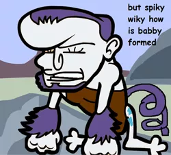 Size: 500x451 | Tagged: safe, artist:dellovan, banned from derpibooru, deleted from derpibooru, derpibooru import, rarity, human, babby, caveman, comic sans, digital art, neanderthal, recolor