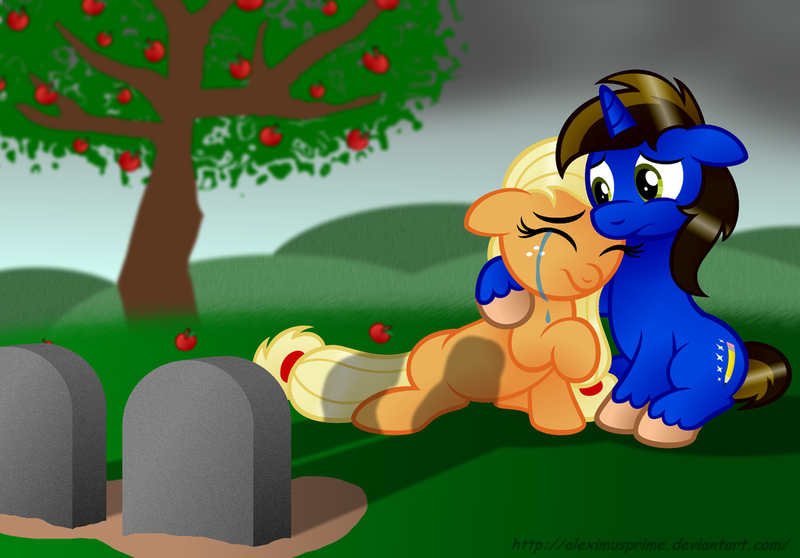 Size: 1024x714 | Tagged: semi-grimdark, banned from derpibooru, deleted from derpibooru, derpibooru import, applejack, oc, applejack's parents, canon x oc, comforting, crying, gravestone, sad