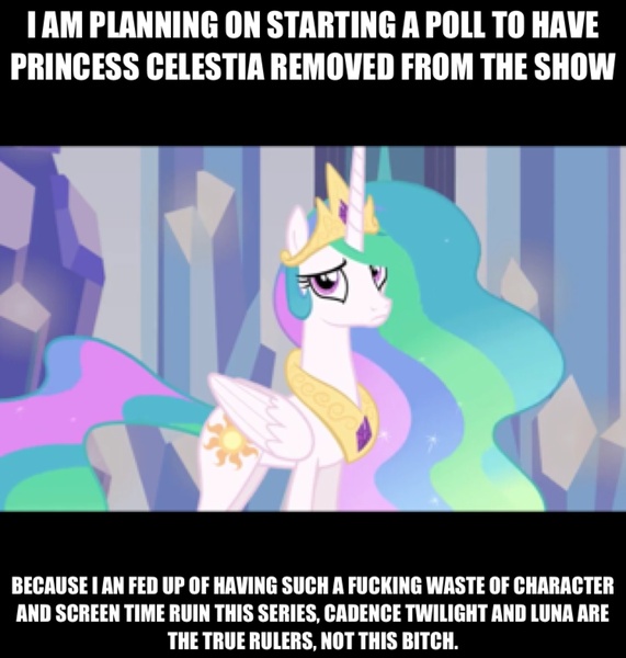 Size: 1494x1570 | Tagged: safe, banned from derpibooru, deleted from derpibooru, derpibooru import, princess celestia, caption, hate, op is a faggot