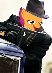 Size: 855x1200 | Tagged: safe, banned from derpibooru, deleted from derpibooru, derpibooru import, scootaloo, chickun, exploitable meme, faic, forced meme, gangster, gun, meme, public enemies, submachinegun, tommy gun, weapon