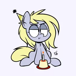 Size: 1280x1280 | Tagged: safe, artist:belaboy, banned from derpibooru, deleted from derpibooru, derpibooru import, derpy hooves, oc, oc:jerky hooves, pegasus, pony, :t, candle, female, flan, food, hat, mare, party hat, pudding, simple background, solo