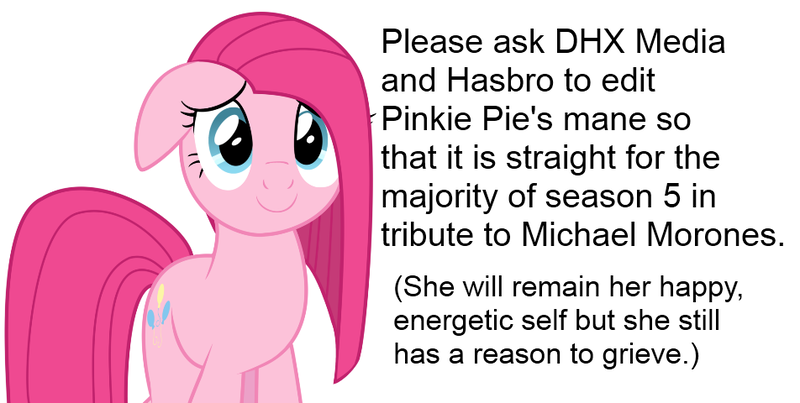 Size: 952x480 | Tagged: safe, banned from derpibooru, deleted from derpibooru, derpibooru import, dhx media, pinkie pie, season 5, hasbro, michael morones, petition, pinkamena diane pie, solo, text