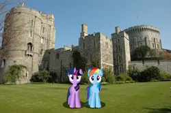 Size: 3008x2000 | Tagged: safe, artist:laopokia, banned from derpibooru, deleted from derpibooru, derpibooru import, rainbow dash, twilight sparkle, pony, castle, irl, photo, ponies in real life, windsor castle