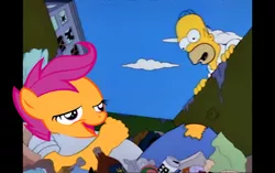 Size: 500x313 | Tagged: safe, banned from derpibooru, deleted from derpibooru, derpibooru import, scootaloo, bum, chickun, dumpster, exploitable meme, faic, forced meme, hobo, homer simpson, homless, meme