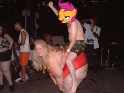 Size: 500x375 | Tagged: suggestive, banned from derpibooru, deleted from derpibooru, derpibooru import, scootaloo, background pony strikes again, barely pony related, chickun, exploitable meme, faic, fat, fat lady, forced meme, meme