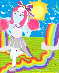 Size: 1024x1281 | Tagged: safe, artist:snails-flowers, banned from derpibooru, deleted from derpibooru, derpibooru import, spring step, sunlight spring, equestria girls, rainbow falls, cheerleader, pom pom, rainbows, solo