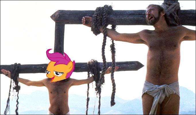 Size: 682x400 | Tagged: safe, banned from derpibooru, deleted from derpibooru, derpibooru import, chickun, crucifixion, exploitable meme, faic, forced meme, meme, monty python, monty python's life of brian