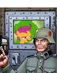 Size: 695x900 | Tagged: grimdark, artist:curtsibling, banned from derpibooru, deleted from derpibooru, derpibooru import, edit, scootaloo, chickun, exploitable meme, faic, forced meme, gas chamber, meme, nazi