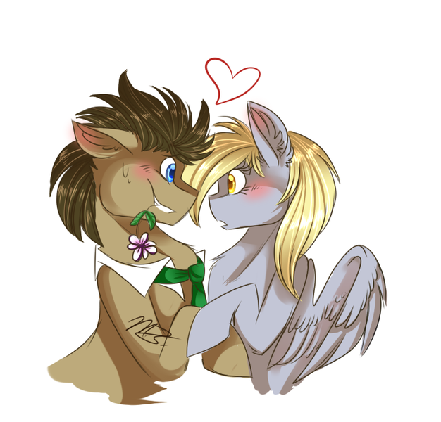 Size: 727x697 | Tagged: safe, artist:cyanocitta-blattidae, banned from derpibooru, deleted from derpibooru, derpibooru import, derpy hooves, doctor whooves, time turner, blushing, doctorderpy, female, flower, heart, male, mouth hold, shipping, straight