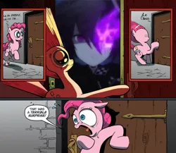 Size: 945x821 | Tagged: safe, banned from derpibooru, deleted from derpibooru, derpibooru import, idw, pinkie pie, anime, black rock shooter, exploitable meme, insane black rock shooter, meme, obligatory pony, surprise door