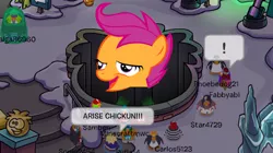 Size: 732x409 | Tagged: safe, banned from derpibooru, deleted from derpibooru, derpibooru import, scootaloo, chickun, club penguin, exploitable meme, faic, forced meme, meme