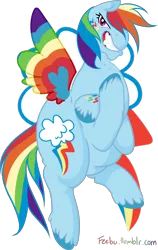 Size: 2066x3263 | Tagged: safe, artist:feebu, banned from derpibooru, deleted from derpibooru, derpibooru import, rainbow dash, angry, colored wings, fat, fat angry rainbow dash, gritted teeth, looking at you, multicolored wings, rainbow power, rainbow wings, solo, wings