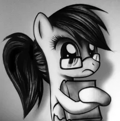 Size: 1611x1625 | Tagged: safe, artist:names76, artist:zacatron94, banned from derpibooru, deleted from derpibooru, derpibooru import, rainbow dash, adorkable, alternate hairstyle, cute, dork, egghead, glasses, monochrome, nerd pony, ponytail, rainbow dork, solo, traditional art