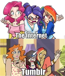 Size: 961x1130 | Tagged: safe, banned from derpibooru, deleted from derpibooru, derpibooru import, pinkie pie, rainbow dash, rarity, human, rarity takes manehattan, comparison, drama, humanized, scene interpretation, social justice, tumblr