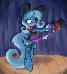 Size: 969x1066 | Tagged: suggestive, artist:berndem-bones, banned from derpibooru, deleted from derpibooru, derpibooru import, trixie, pony, semi-anthro, bipedal, blushing, bowtie, bunny girl, bunny suit, clothes, embarrassed, female, fishnets, magic, magic trick, panties, playboy bunny, polka dot underwear, ribbon, solo, solo female, starry underwear, striped underwear, surprised, underwear, wand