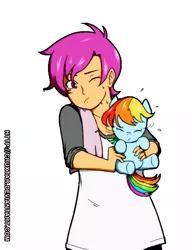 Size: 500x650 | Tagged: safe, artist:cruxtar, banned from derpibooru, deleted from derpibooru, derpibooru import, rainbow dash, scootaloo, pony, equestria girls, baby, baby dash, baby pony, bath, female, filly, foal, pony pet, shaking, towel, wet, wet mane, younger