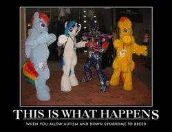 Size: 659x507 | Tagged: safe, banned from derpibooru, deleted from derpibooru, derpibooru import, rainbow dash, spitfire, vinyl scratch, autism, background pony strikes again, clothes, cosplay, costume, demotivational poster, furries, fursuit, meme, optimus prime, transformers