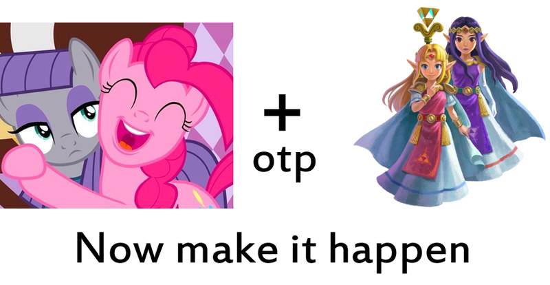 Size: 858x444 | Tagged: safe, banned from derpibooru, deleted from derpibooru, derpibooru import, maud pie, pinkie pie, maud pie (episode), crossover, crossover shipping, exploitable meme, female, lesbian, make it happen, meme, otp, princess hilda, princess zelda, shipping, the legend of zelda, the legend of zelda: a link between worlds