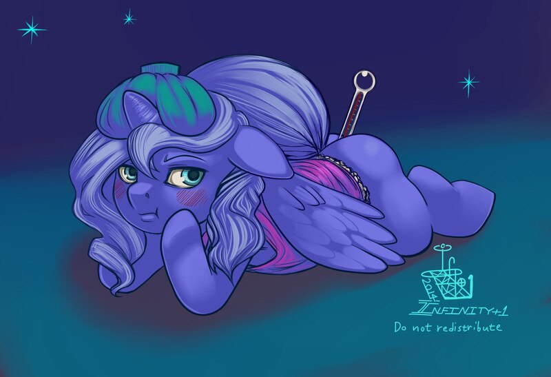 Size: 1566x1070 | Tagged: source needed, explicit, artist:infinityplus1, banned from derpibooru, deleted from derpibooru, derpibooru import, oc, alicorn, pony, blushing, clothes, fever, ice pack, nightgown, rectal thermometer, sick, solo, thermometer