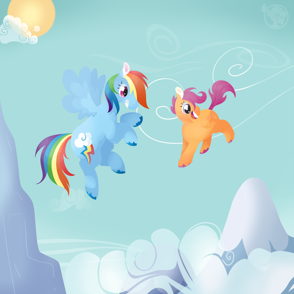 Size: 2032x2032 | Tagged: safe, artist:feebu, banned from derpibooru, deleted from derpibooru, derpibooru import, rainbow dash, scootaloo, pegasus, cloud, female, filly, flying, foal, mare, mountain, scenery, sky