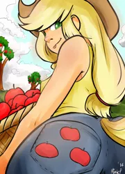 Size: 864x1200 | Tagged: suggestive, artist:mimicpony, banned from derpibooru, deleted from derpibooru, derpibooru import, applejack, oc, oc:cinnamon cider, hybrid, satyr, :p, apple, applebutt, butt, clothes, female, food, freckles, hat, looking at you, looking back, pants, parent:applejack, solo, solo female, tanktop, tongue out