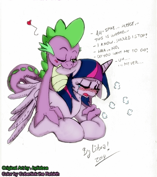 Size: 836x941 | Tagged: questionable, artist:bylisboa, artist:coberlink the rebirth, banned from derpibooru, deleted from derpibooru, derpibooru import, spike, twilight sparkle, twilight sparkle (alicorn), alicorn, biting, blushing, crying, ear bite, eyes closed, female, floppy ears, heart, male, one eye closed, open mouth, prone, shipping, spread wings, straight, teasing, twispike, wings, wink