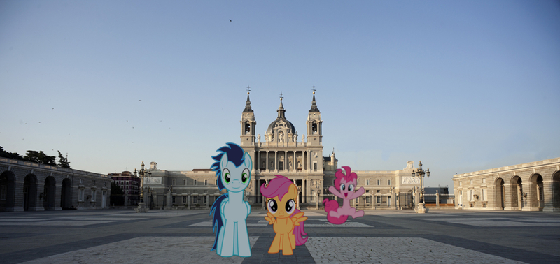 Size: 1000x473 | Tagged: safe, artist:chainchomp2 edit, artist:laopokia, artist:missloodee, artist:ratchethun, banned from derpibooru, deleted from derpibooru, derpibooru import, pinkie pie, scootaloo, soarin', pony, castle, cute, irl, photo, photobomb, ponies in real life, spain, sunset, vector