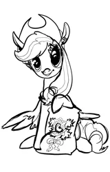 Size: 385x600 | Tagged: safe, artist:ponyshot, banned from derpibooru, deleted from derpibooru, derpibooru import, oc, oc:applebeans, unofficial characters only, pegasus, pony, black and white, female, grayscale, looking at you, mare, monochrome, sack, simple background, sitting, smiling, solo, white background