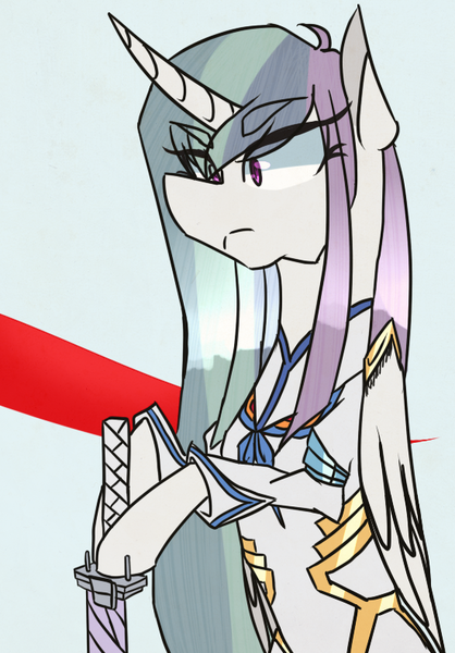 Size: 550x789 | Tagged: safe, artist:ajue, banned from derpibooru, deleted from derpibooru, derpibooru import, princess celestia, bakuzan, bipedal, clothes, cosplay, costume, crossover, kill la kill, satsuki kiryuin, solo, sword, weapon