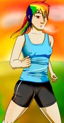 Size: 1261x2430 | Tagged: suggestive, artist:arby-works, banned from derpibooru, deleted from derpibooru, derpibooru import, rainbow dash, human, fanfic, breath, clothes, erect nipples, female, humanized, jogging, morning, shirt, shorts, solo, solo female