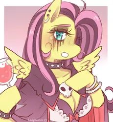 Size: 600x650 | Tagged: safe, artist:ladybeemer, banned from derpibooru, deleted from derpibooru, derpibooru import, fluttershy, anthro, bat pony, pegasus, alcohol, alternate hairstyle, arm hooves, blushing, bracelet, breasts, busty fluttershy, clothes, collar, dress, drink, drinking, ear piercing, earring, emoshy, eyelashes, eyeshadow, flutterbat, goth, jewelry, looking at you, makeup, mascara, open mouth, piercing, race swap, skull, solo, wine, wings