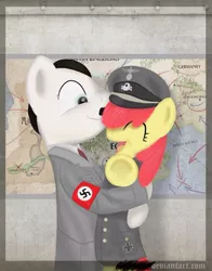 Size: 500x637 | Tagged: safe, artist:eternyan, banned from derpibooru, deleted from derpibooru, derpibooru import, apple bloom, ponified, pony, adolf hitler, map, nazi, not salmon, nuzzling, swastika, wat