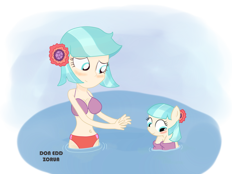Size: 2855x2142 | Tagged: safe, artist:dm29, artist:doneddzorua, banned from derpibooru, deleted from derpibooru, derpibooru import, coco pommel, pony, equestria girls, art theft, belly button, bikini, breasts, busty coco pommel, clothes, cocobetes, cute, female, filly, human ponidox, julian yeo is trying to murder us, pony pet, self ponidox, square crossover, swimming, swimsuit, trace, water