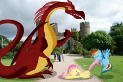 Size: 3872x2592 | Tagged: safe, artist:laopokia, artist:sakatagintoki117, artist:silentmatten, banned from derpibooru, deleted from derpibooru, derpibooru import, basil, fluttershy, rainbow dash, dragon, human, pony, castle, irl, photo, ponies in real life, shadow, vector