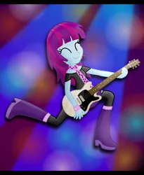 Size: 818x1000 | Tagged: safe, artist:sjart117, banned from derpibooru, deleted from derpibooru, derpibooru import, mystery mint, equestria girls, artweaver, background human, boots, clothes, guitar, joan jett, leggings, ms paint, musical instrument, scarf, shoes, solo