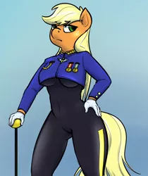 Size: 960x1142 | Tagged: suggestive, artist:atrolux, banned from derpibooru, deleted from derpibooru, derpibooru import, applejack, colonel purple dart, anthro, testing testing 1-2-3, ancient wonderbolts uniform, clothes, explicit source, female, image, jpeg, skinsuit, skintight clothes, solo, solo female, uniform