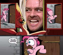 Size: 816x713 | Tagged: safe, banned from derpibooru, deleted from derpibooru, derpibooru import, idw, pinkie pie, exploitable meme, here's johnny, jack torrance, le, le close, meme, obligatory pony, surprise door, the shining