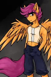 Size: 600x900 | Tagged: safe, artist:toxicscootaloo, banned from derpibooru, deleted from derpibooru, derpibooru import, scootaloo, anthro, belly button, breast binding, midriff, older, rule 63, scooteroll, solo, transgender
