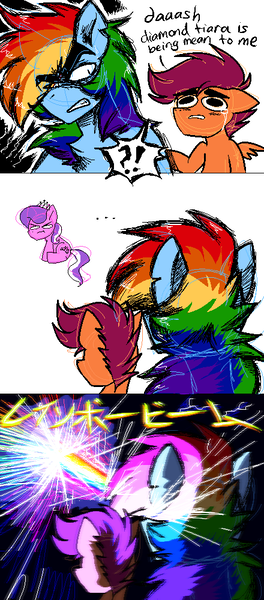 Size: 440x1000 | Tagged: safe, artist:toxicscootaloo, banned from derpibooru, deleted from derpibooru, derpibooru import, diamond tiara, rainbow dash, scootaloo, bully, bullying, comic, eye beam, gar, japanese, rainbow, rainbow blitz, rule 63, scooteroll, taste the rainbow, wat