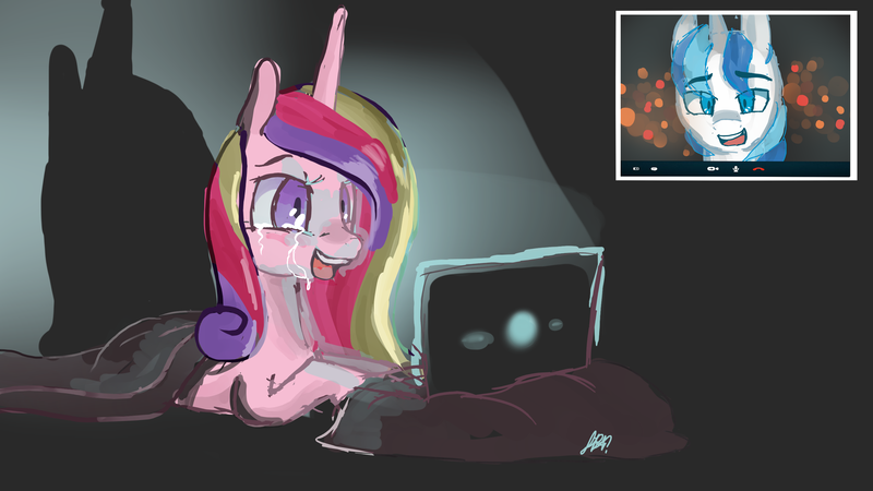 Size: 2880x1620 | Tagged: safe, artist:8bitamy, banned from derpibooru, deleted from derpibooru, derpibooru import, princess cadance, shining armor, computer, crying, dark, laptop computer