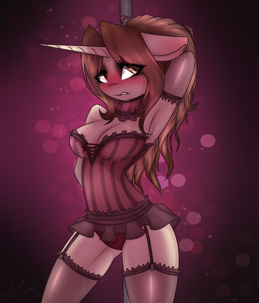 Size: 1201x1403 | Tagged: questionable, artist:harmoniousrain, banned from derpibooru, deleted from derpibooru, derpibooru import, oc, oc:poledance, unofficial characters only, anthro, unicorn, anthro oc, armpits, attached skirt, blushing, breasts, cleavage, clothes, corset, female, floppy ears, garter belt, lingerie, lip bite, panties, pole dancing, skirt, solo, solo female, stockings, stripper pole, thigh highs, underass, underwear