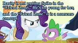 Size: 500x278 | Tagged: safe, banned from derpibooru, deleted from derpibooru, derpibooru import, rarity, spike, bronyetiquette, caption, image macro, text