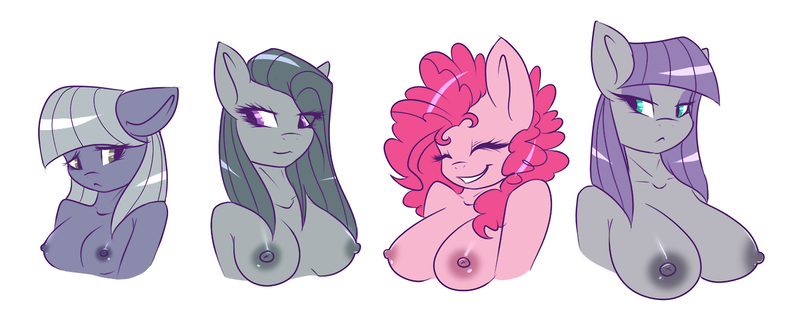 Size: 1280x496 | Tagged: questionable, artist:harmoniousrain, banned from derpibooru, deleted from derpibooru, derpibooru import, limestone pie, marble pie, maud pie, pinkie pie, anthro, earth pony, :<, bare shoulder portrait, bare shoulders, big breasts, breast envy, breasts, bust, bust chart, busty limestone pie, busty marble pie, busty maud pie, busty pie sisters, busty pinkie pie, eyes closed, eyeshadow, female, females only, floppy ears, frown, grin, makeup, nipples, nudity, pie sisters, portrait, siblings, simple background, sisters, size comparison, smiling, stupid sexy marble pie, white background