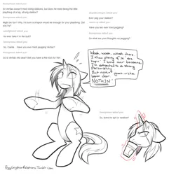 Size: 1019x1058 | Tagged: suggestive, artist:cassiusdrawsthings, banned from derpibooru, deleted from derpibooru, derpibooru import, oc, oc:veritas, unofficial characters only, ask ponygryphonrelations, alarmed, annoyed, cross-popping veins, floppy ears, frown, image, implied blowjob, implied oral, implied sex, jpeg, levitation, magic, magic aura, monochrome, telekinesis