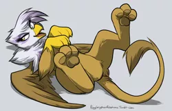 Size: 1141x741 | Tagged: dead source, safe, artist:cassiusdrawsthings, banned from derpibooru, deleted from derpibooru, derpibooru import, gilda, gryphon, commission, featureless crotch, image, jpeg, on back, paw pads, paws, solo, spread wings, wings